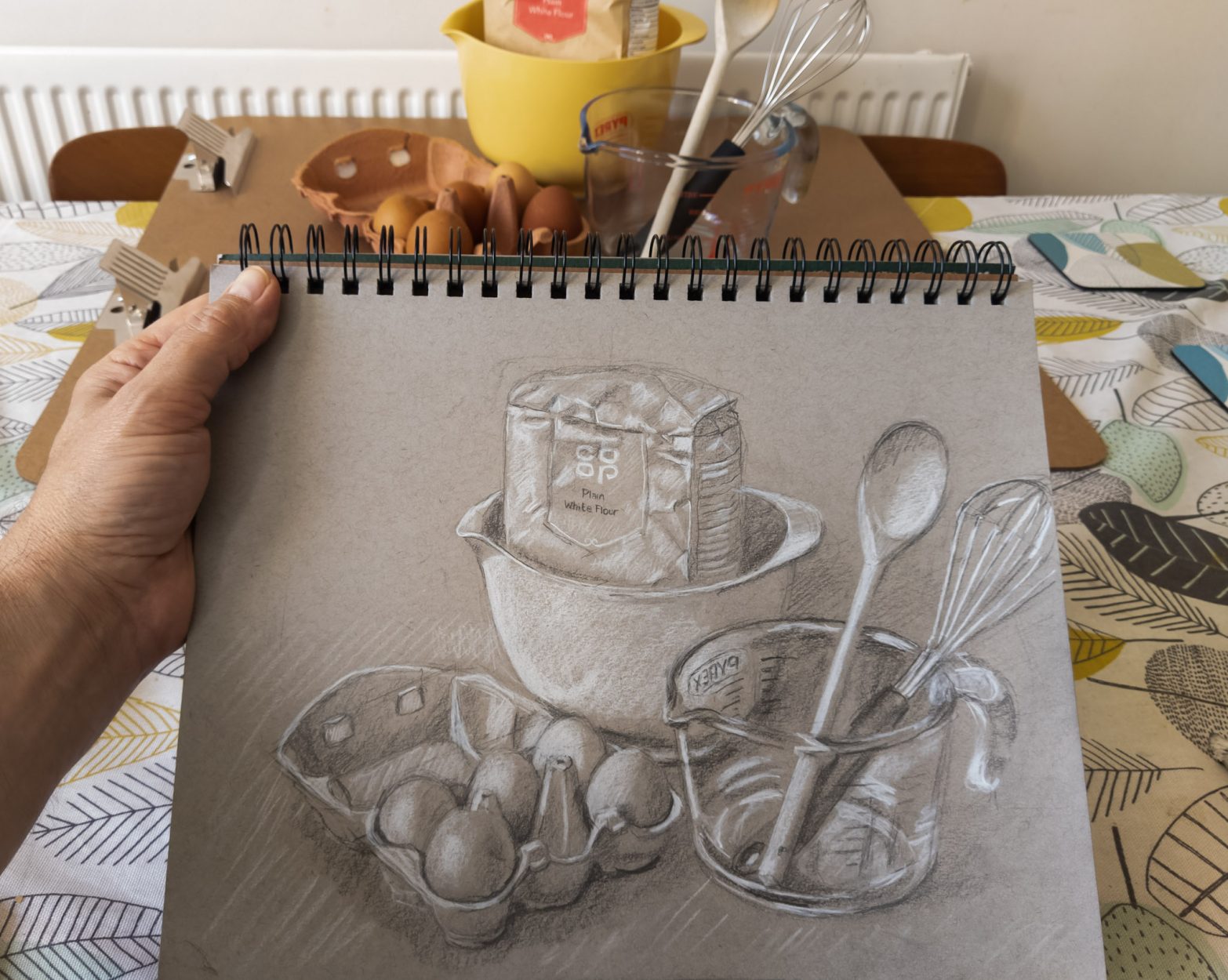 a drawing of eggs and flour made during lockdown. This was the first day the artist could actually find flour in the shops, after weeks of empty shelves