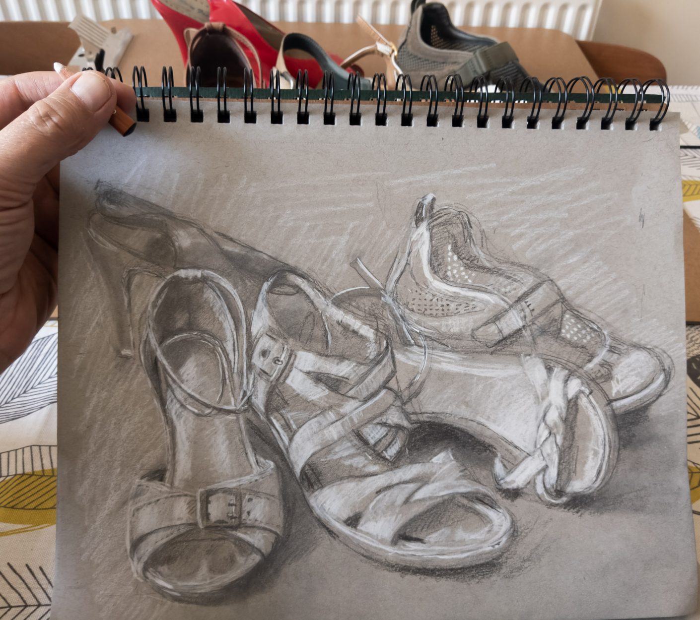 drawing of fashionable shoes during lockdown. a reminder that there was nowhere to go and wear such shoes during lockdown