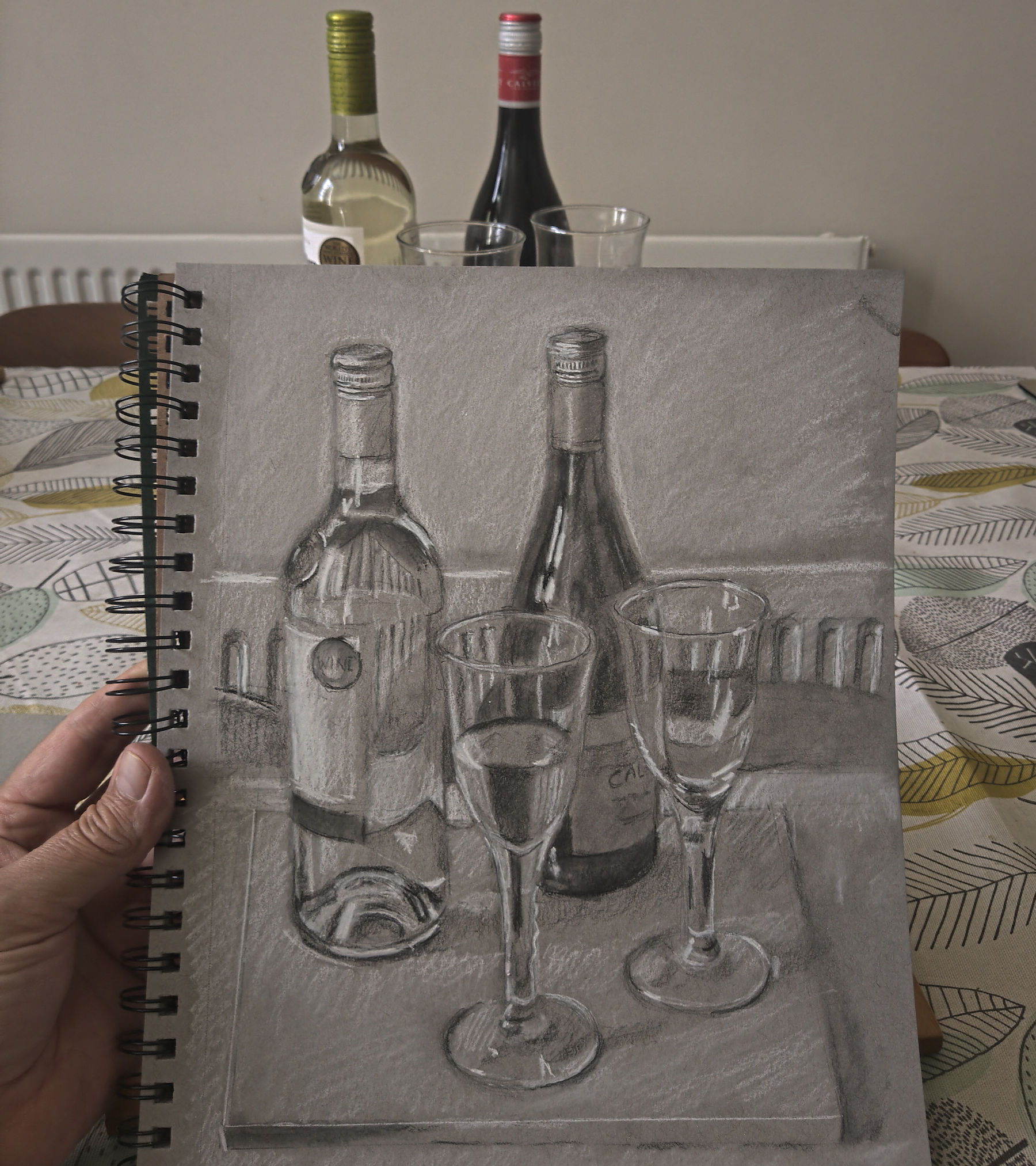 drawing of glasses and wine bottles