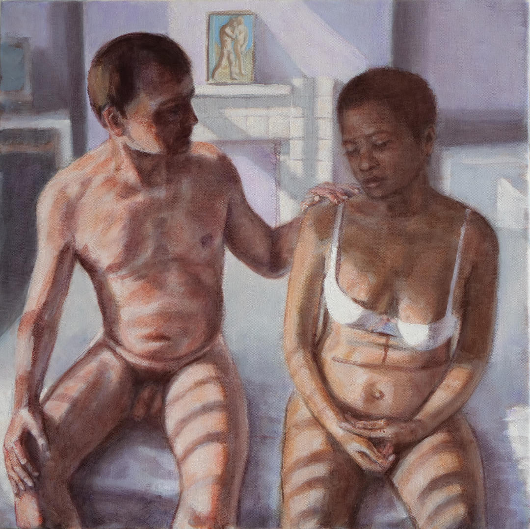 painting a naked man and woman sitting on bed