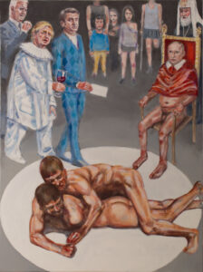 men wrestling, a painting depicting two naked men wrestling, viewed by Putin on a rickety throne