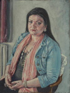 portrait painting of woman in denim jacket