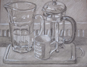 drawing of cup, jug and cafitiere