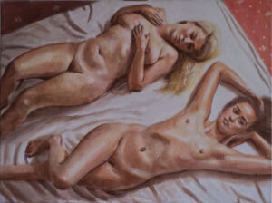 two nude young women on floor artwork