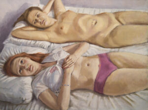 two women on bed art