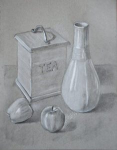 drawing of tea caddy, vase and apples
