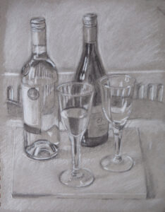 still life draeing of wine bottles and glasses