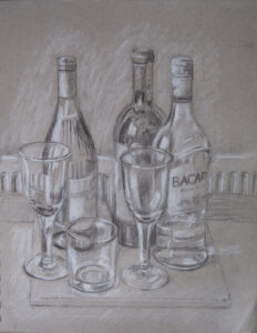 still life drawing of wine bottles and glasses