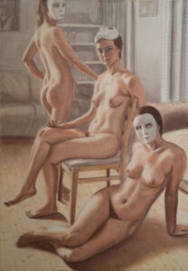 three naked women with masks