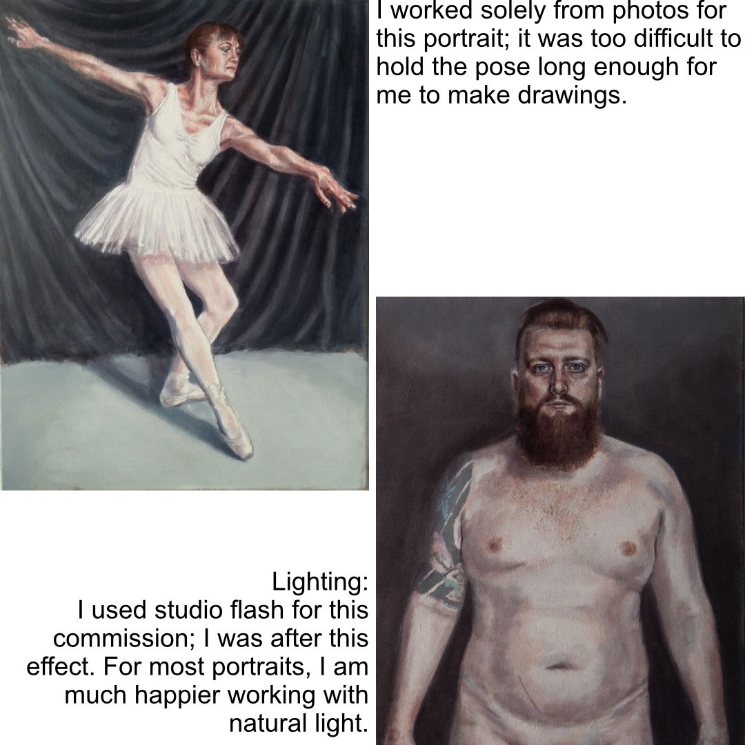 two recent portrait commissions with notes about lighting