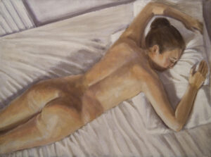 painting of woman asleep on bed
