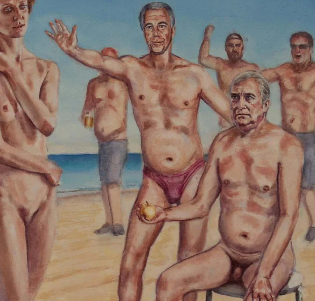 prince andrew naked with jeffrey epstein, in a recreation of the judgement of paris