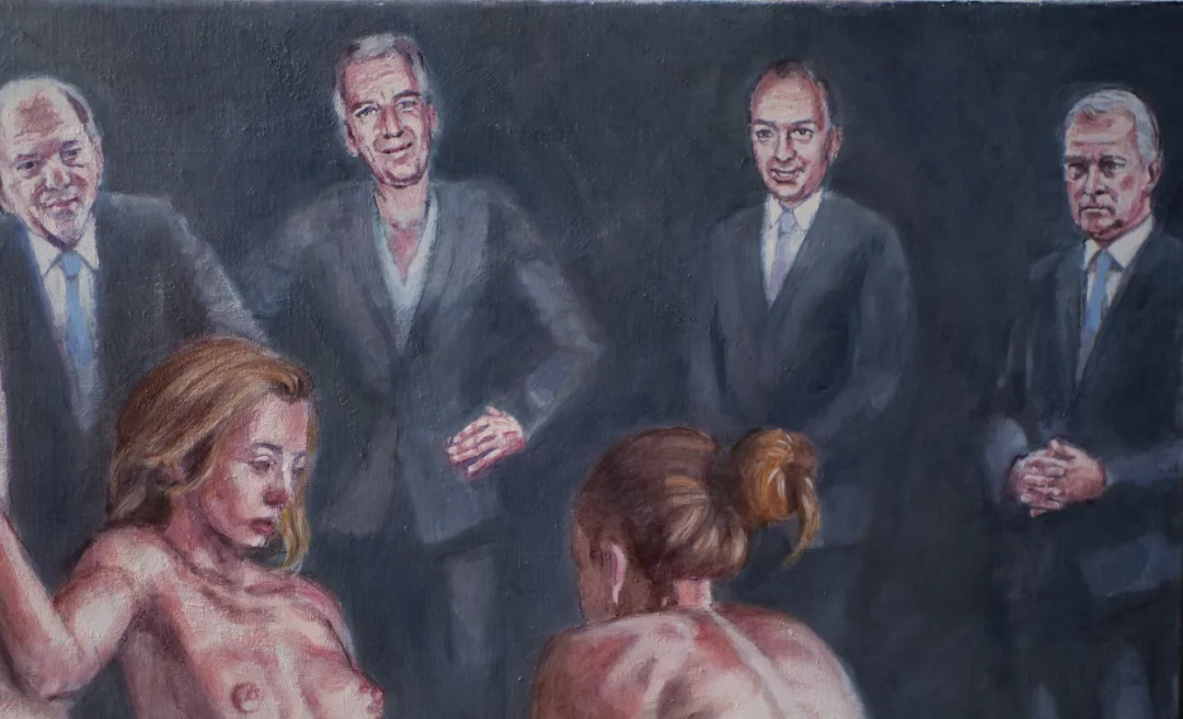 detail from men in suits painting with prince andrew, jeffrey epstein and harvey weinstein