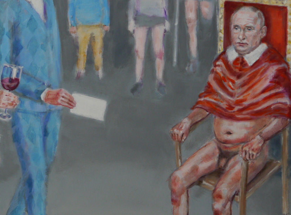 detail of painting with putin naked, on golden throne