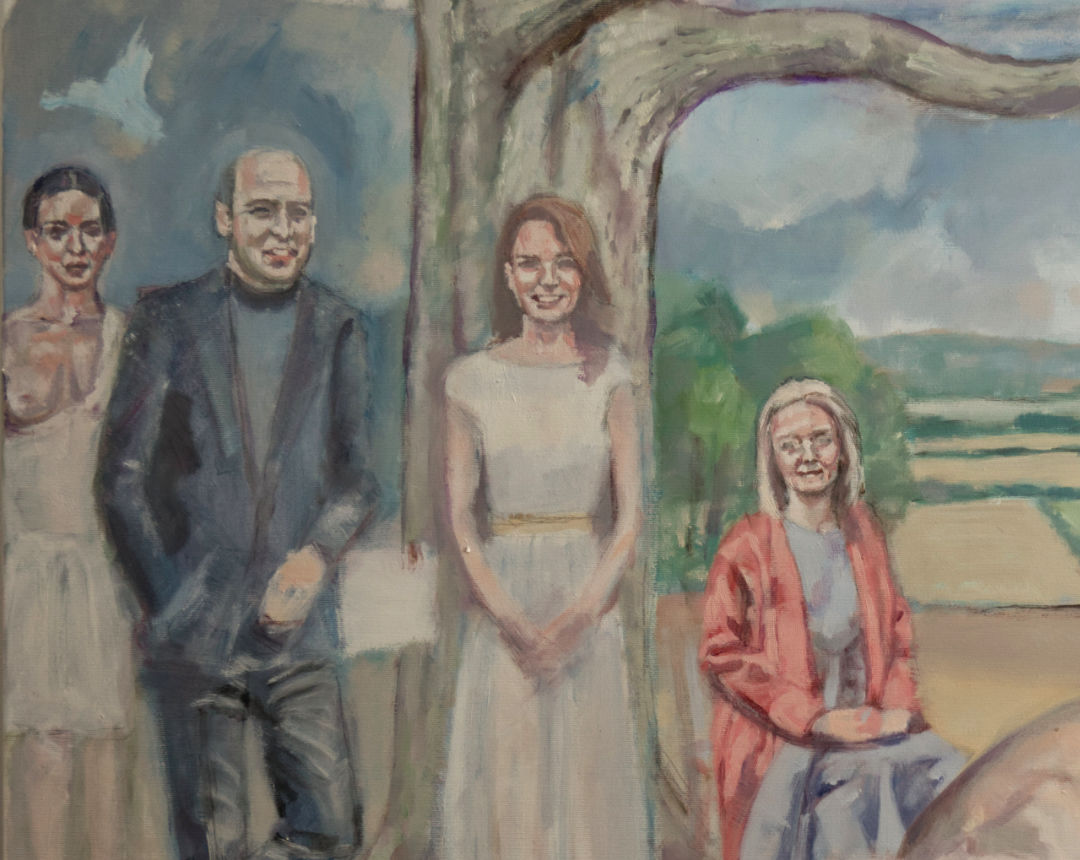 prince william and kate and liz truss in detail from my painting the Gleaners - a painting about social exclusion and inequality