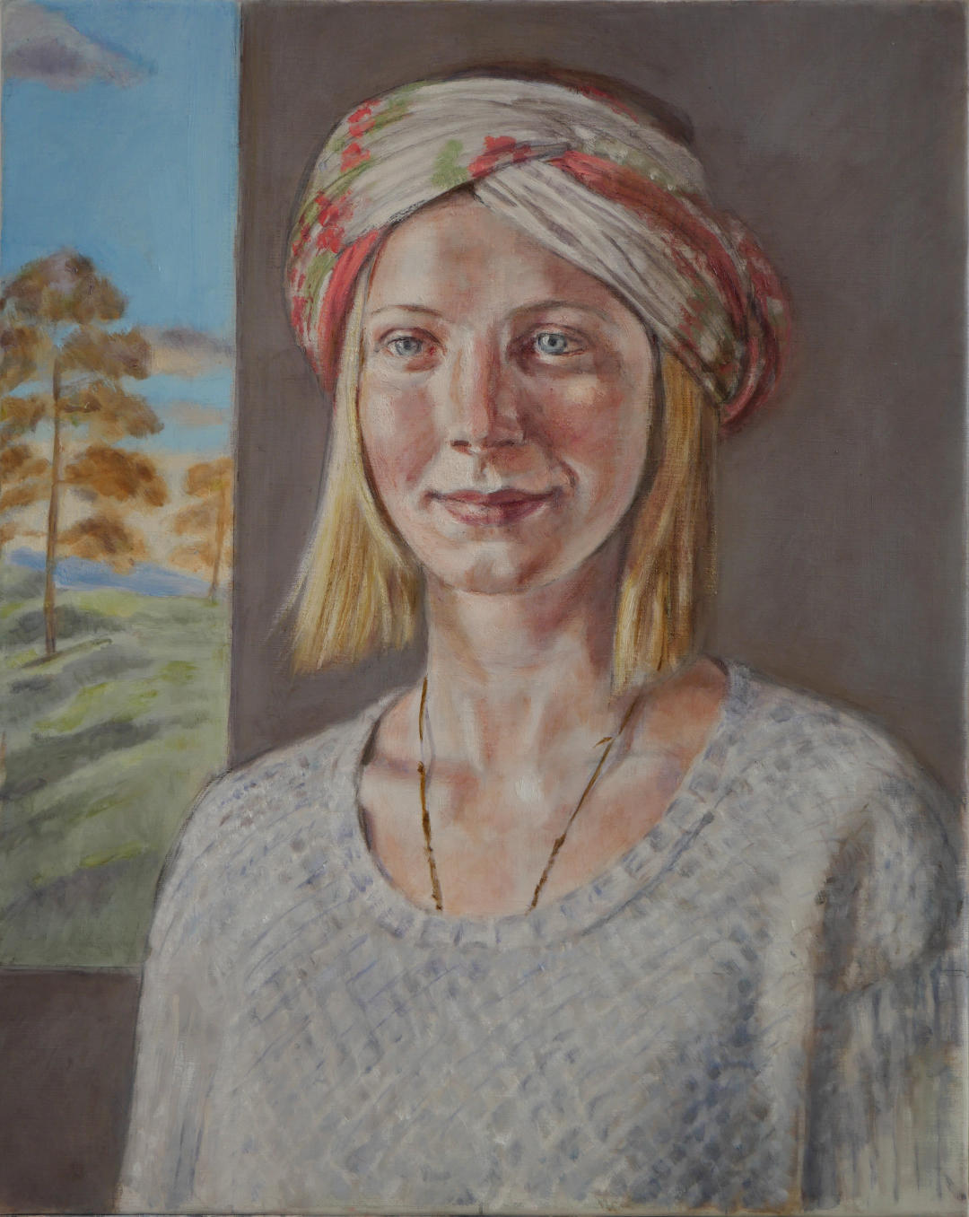 portrait painting of girl wearing a headscarf and woolly jumper, with colourful landscape in background