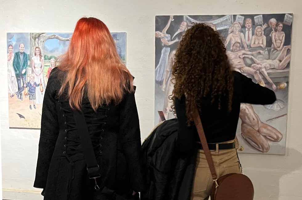 visitors to cluster contemporary looking at my painting Alleged Assault on Pax by Mars