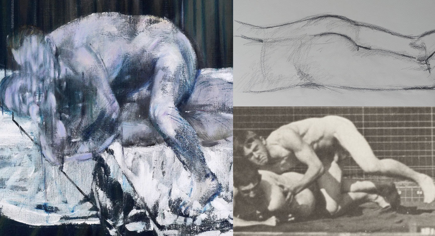 two figure by francis bacon, wrestlers by Eadweard Muybridge