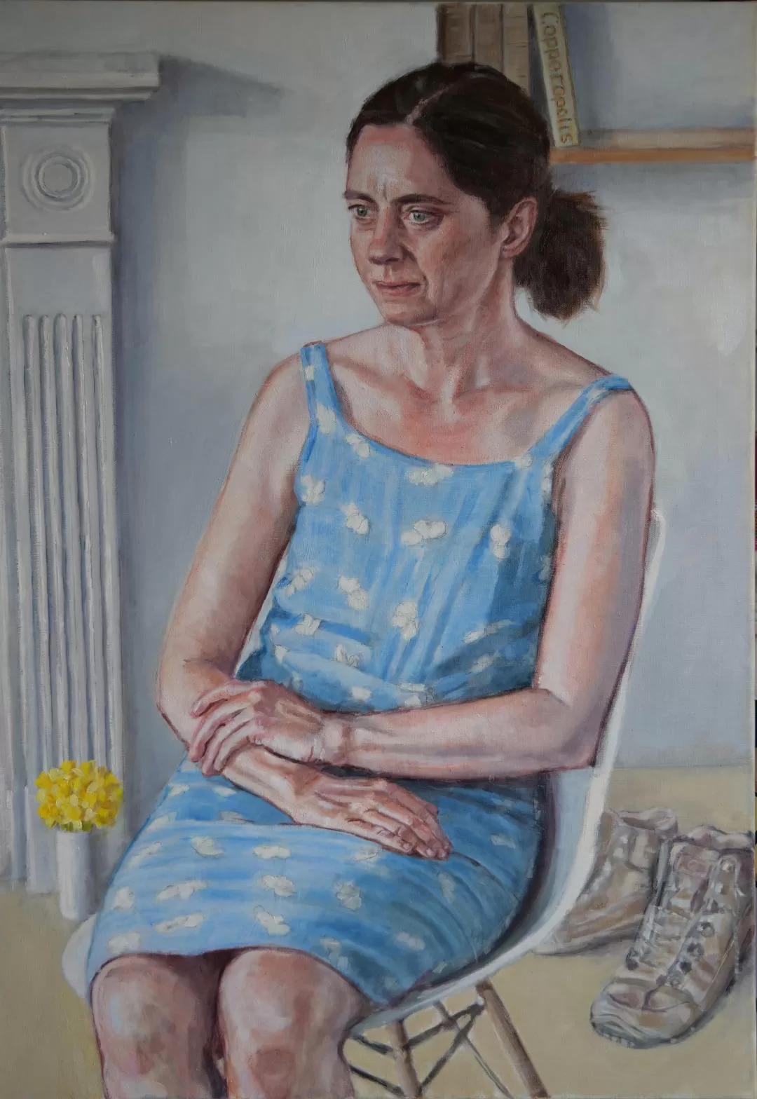 commissioned portrait painting of woman in blue dress sitting on a chair