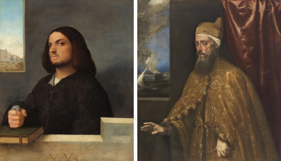 titian and possibly Giorgione portraits, showing technique of adding window in background