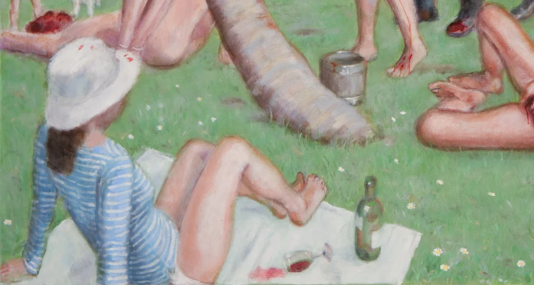 woman in hat enjoying a picnic in front of soldiers being tortured