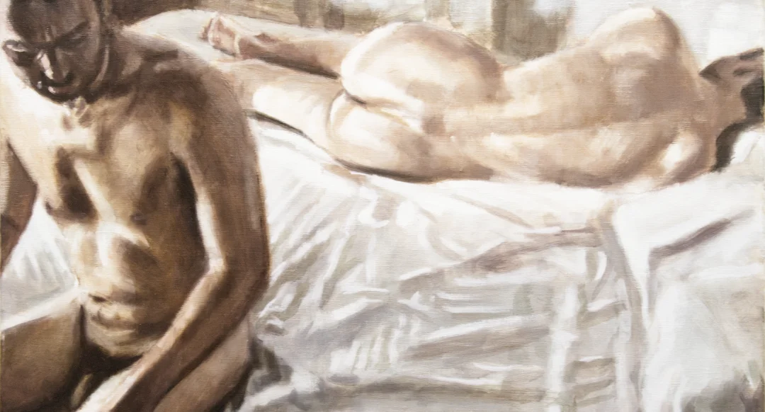 male nude art - detail from relationship series painting, with two male nudes on a bed