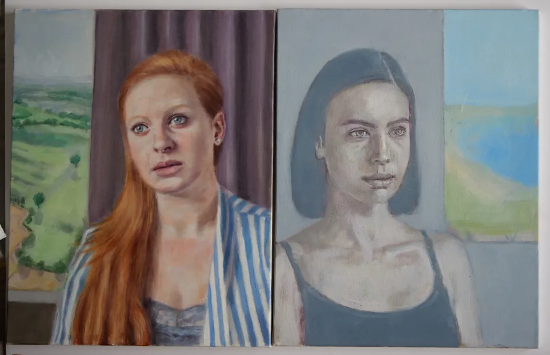 two recent portrait paintings with one unfinished, still in underpainting stage