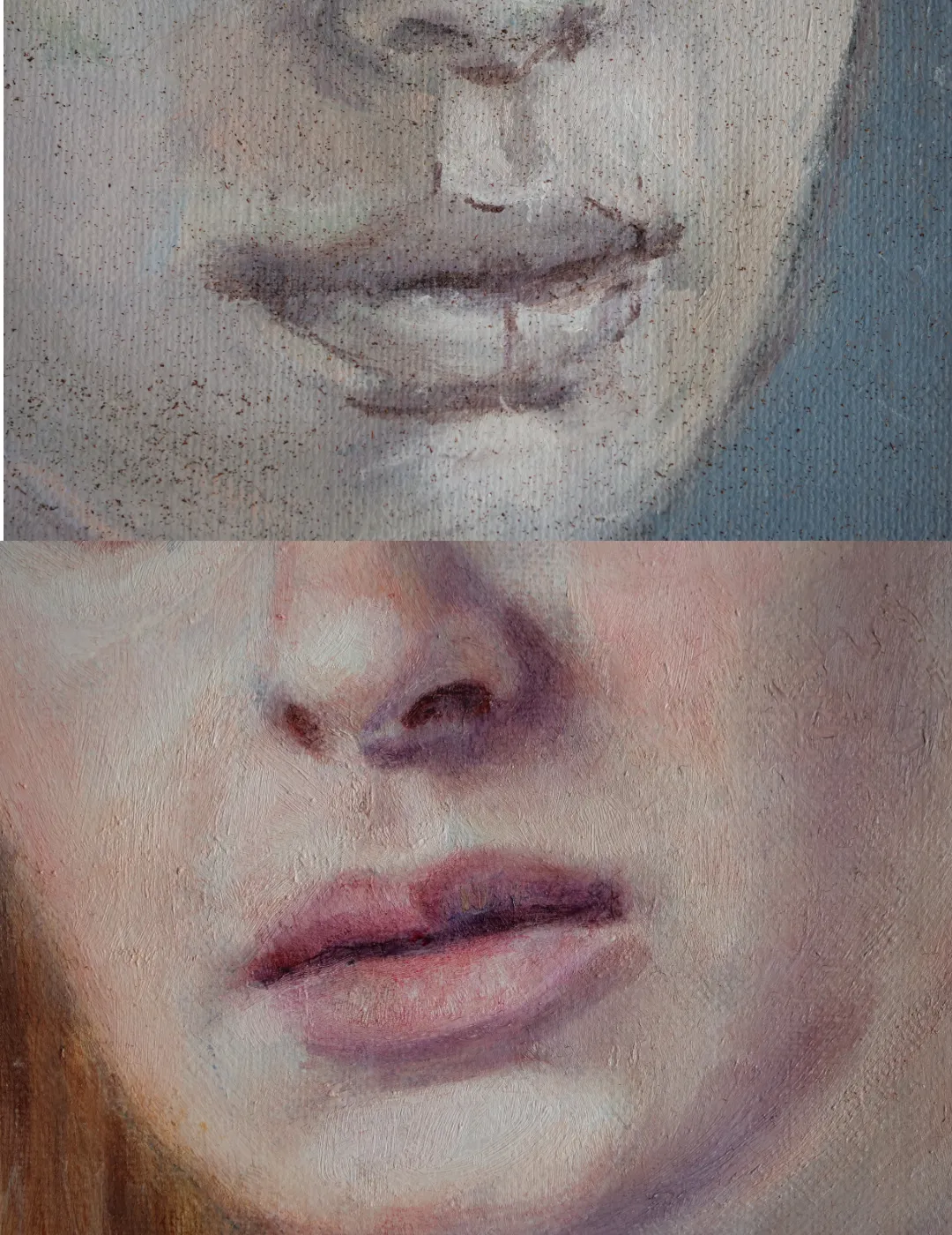 details of two paintings demonstrating use of glazing over underpainting