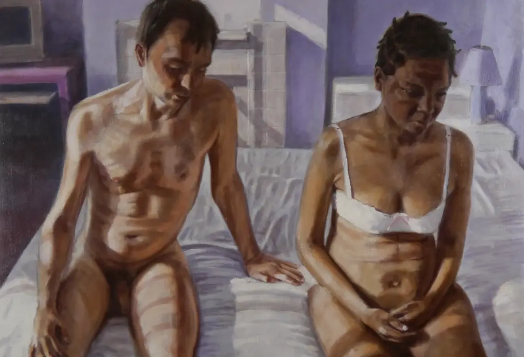 detail from painting of nude man and woman sat on bed