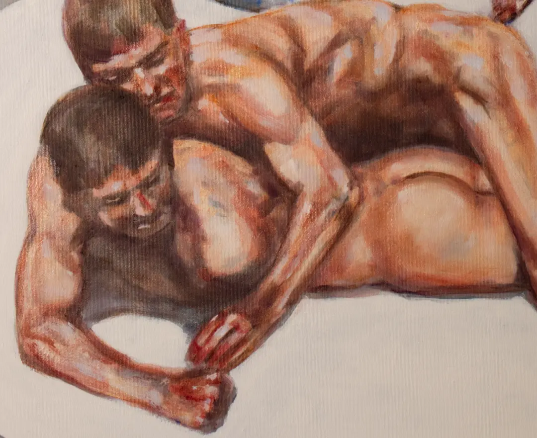 detail from painting men wrestling, with two naked wrestlers clinched in combat