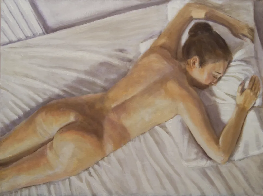 a typical nude portrait of nude woman asleep on bed
