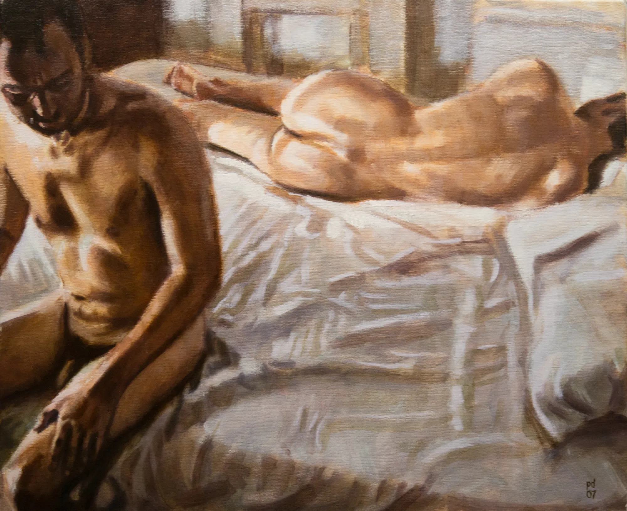relationships series painting - two men nude on a bed, looking separate ways